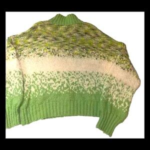 Aerie Sweater Women XXL Green Mock Neck Boxy Puff Sleeve Field Of Flowers
